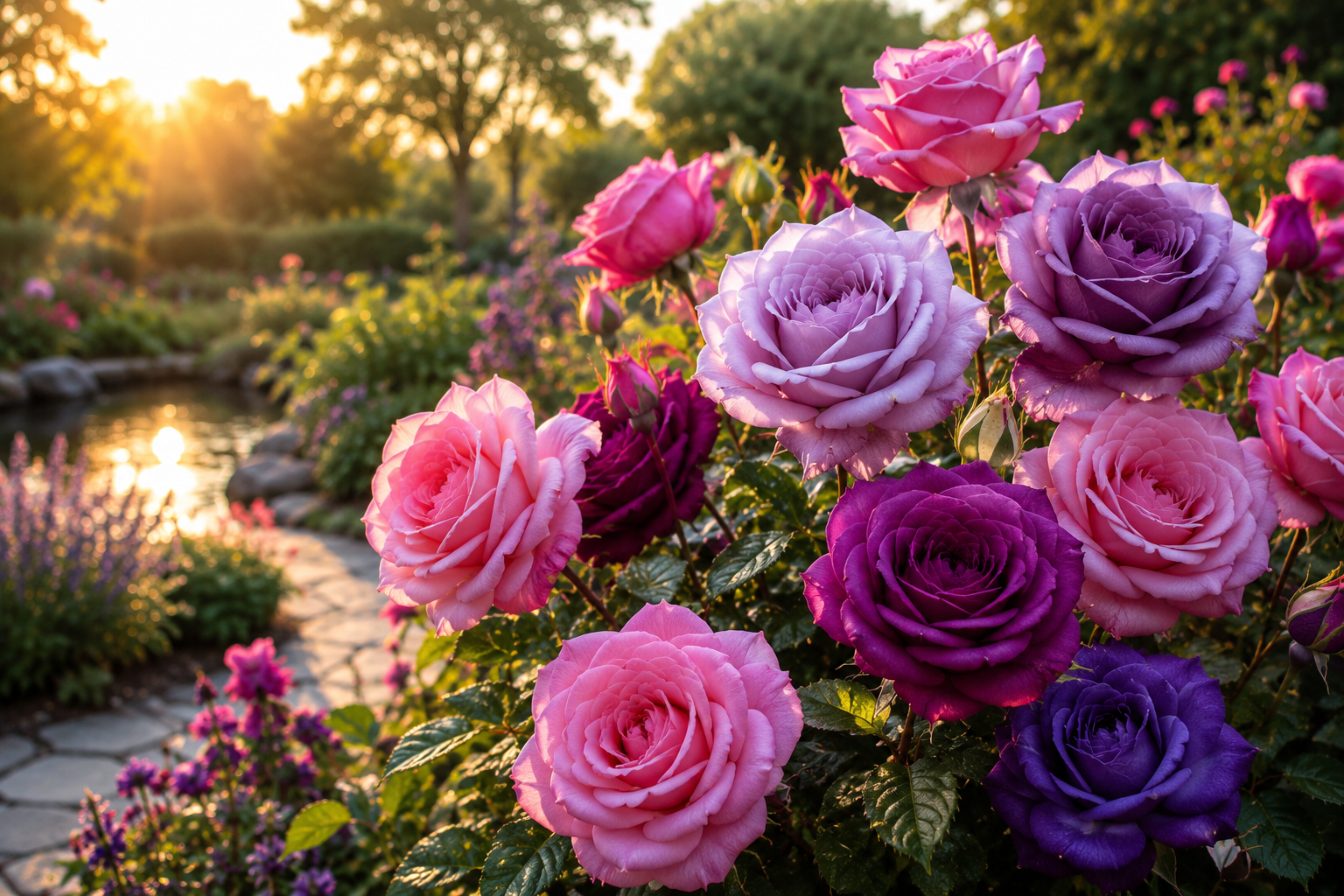 A vibrant garden of pink and purple roses at sunset
